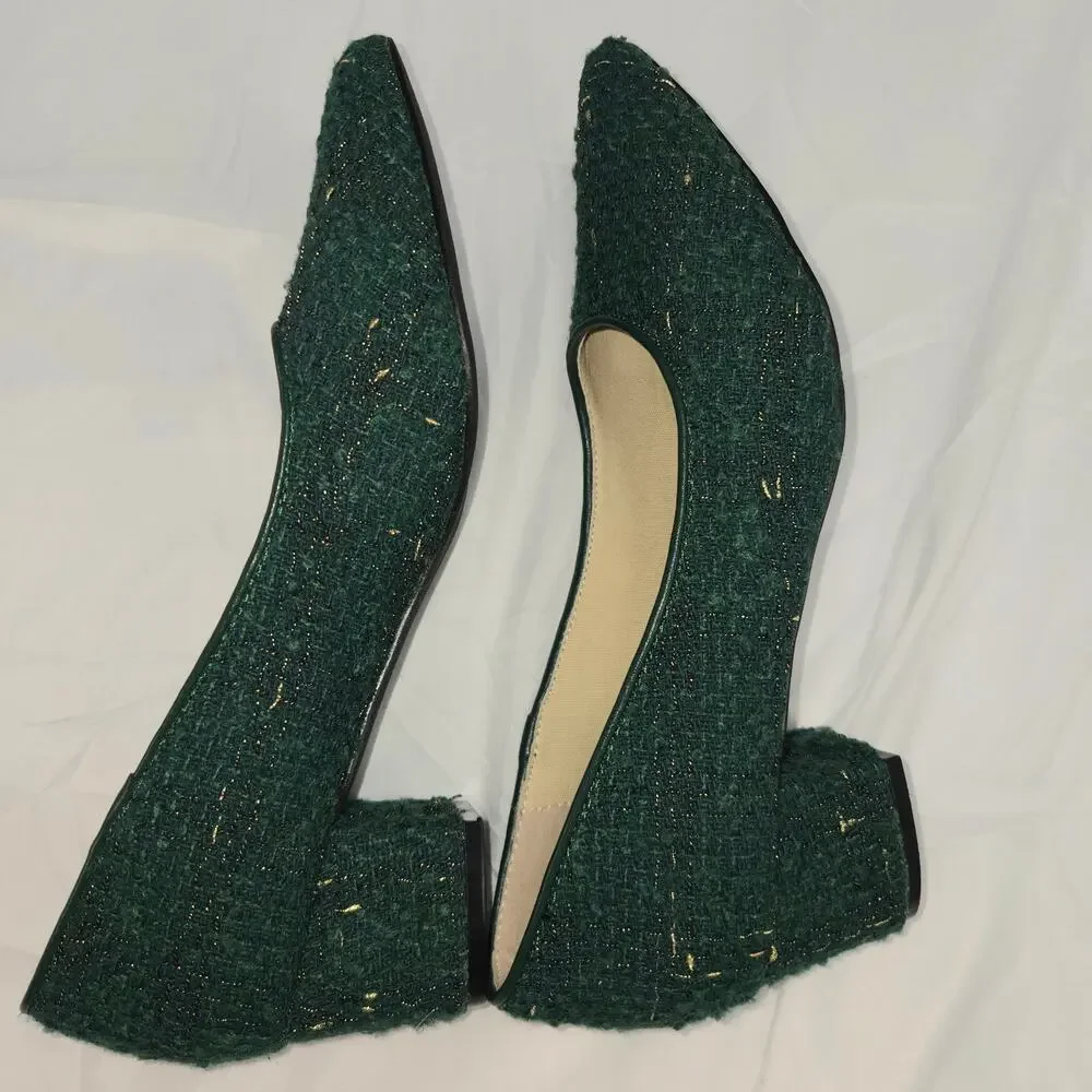 Allegra K Women Sz 9 Dark Green Gold Tweed Wedge Heels Wedding Granny Retro